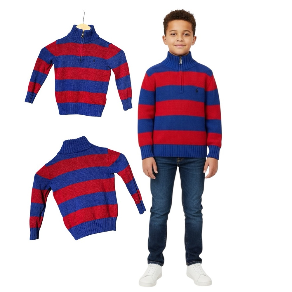 Polo Ralph Lauren boys' striped half-zip cotton sweater in red and blue